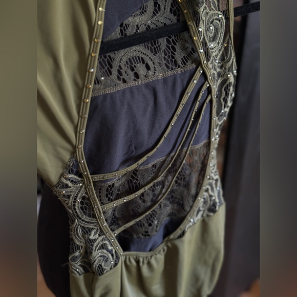 🌿Green custom lace Leotard dance costume with rhinestones, SA - Picture 6 of 11